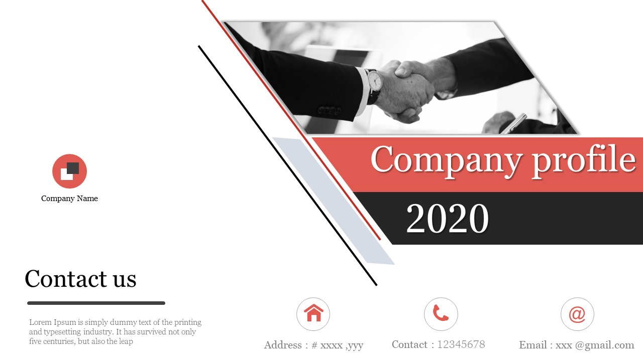Company profile 2020 slide with handshake image and contact info including address, phone, and email icons.