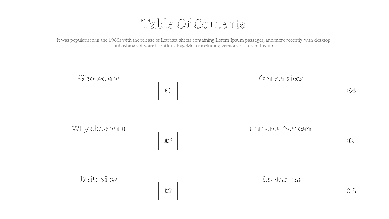 Minimalist table of contents with six bordered boxes labeled with section titles and numbers on a white backdrop.