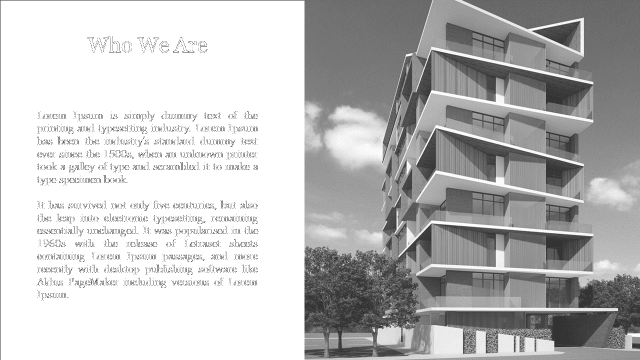 Who We Are slide with a black background, white text, and a grayscale image of a modern building on the right.