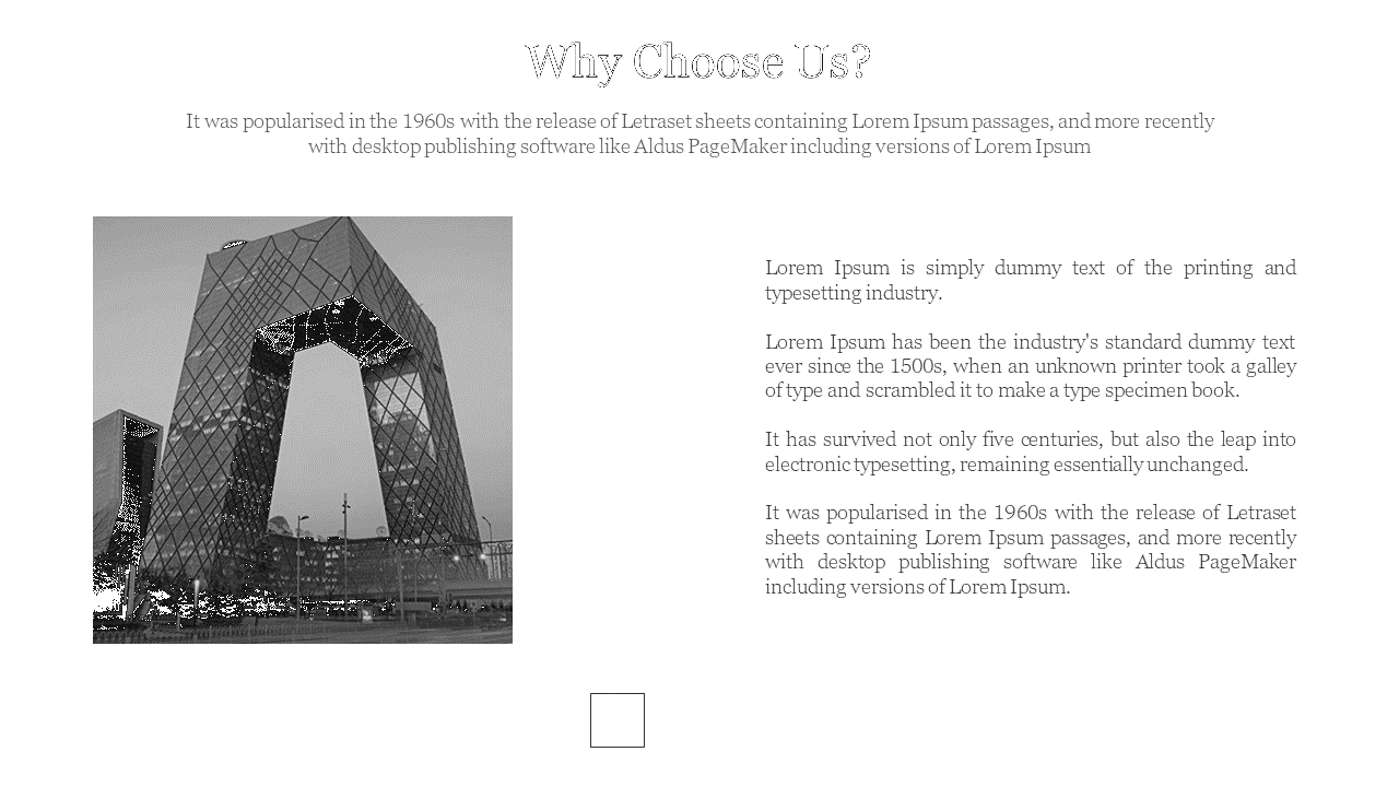 Why Choose Us slide featuring a grayscale image of a modern architectural building with descriptive placeholder text.