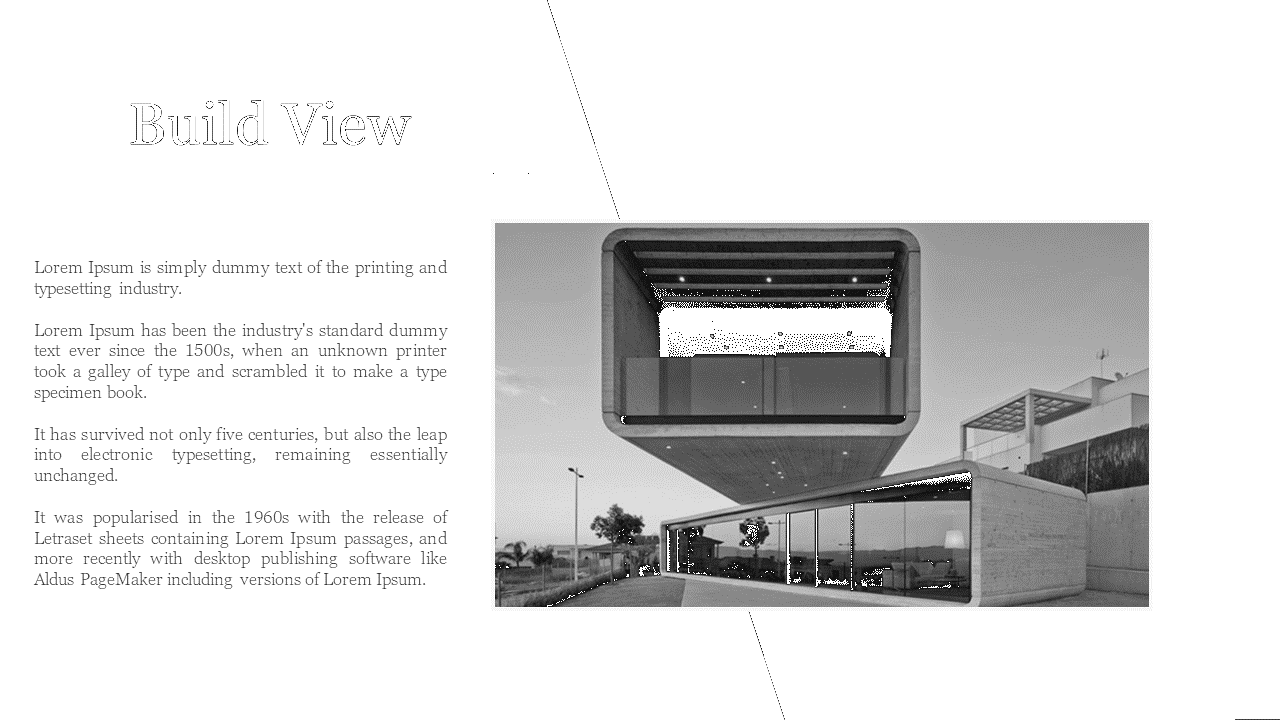 Architectural presentation slide titled build view features a modern cantilever building and placeholder text on the left.