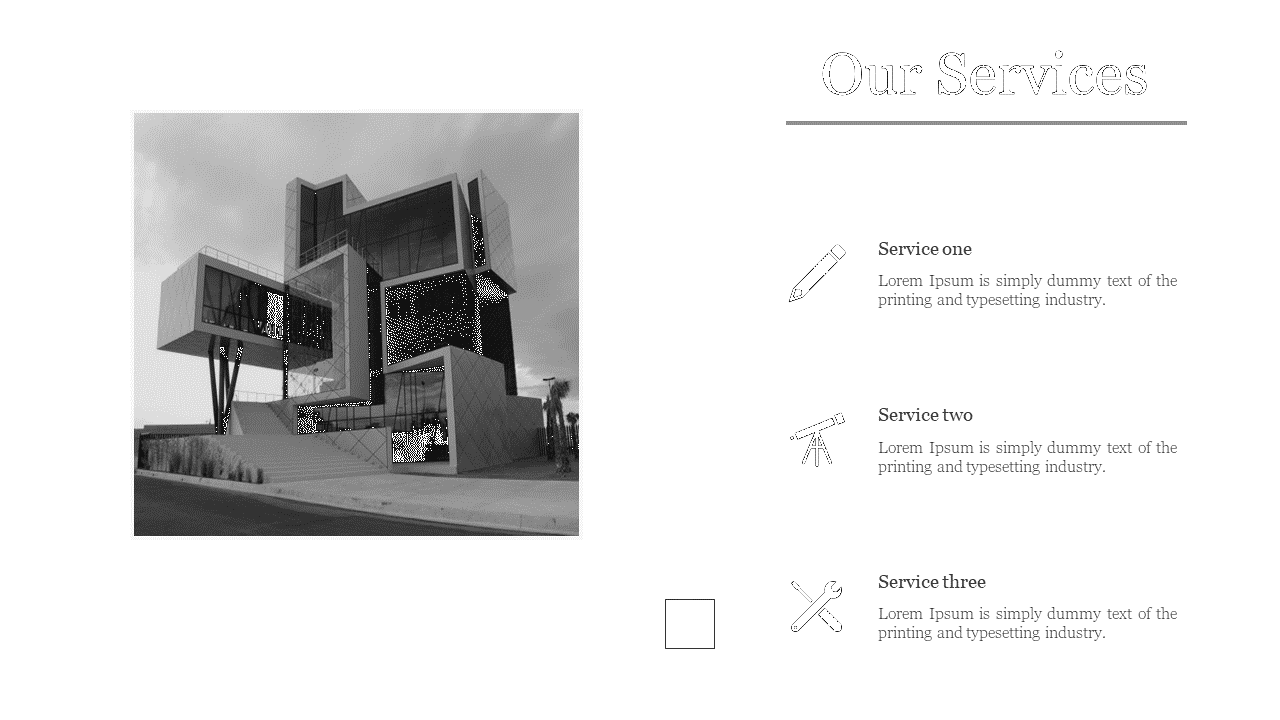 Our Services slide features a modern cubic building and three icons with placeholder service descriptions on white backdrop.