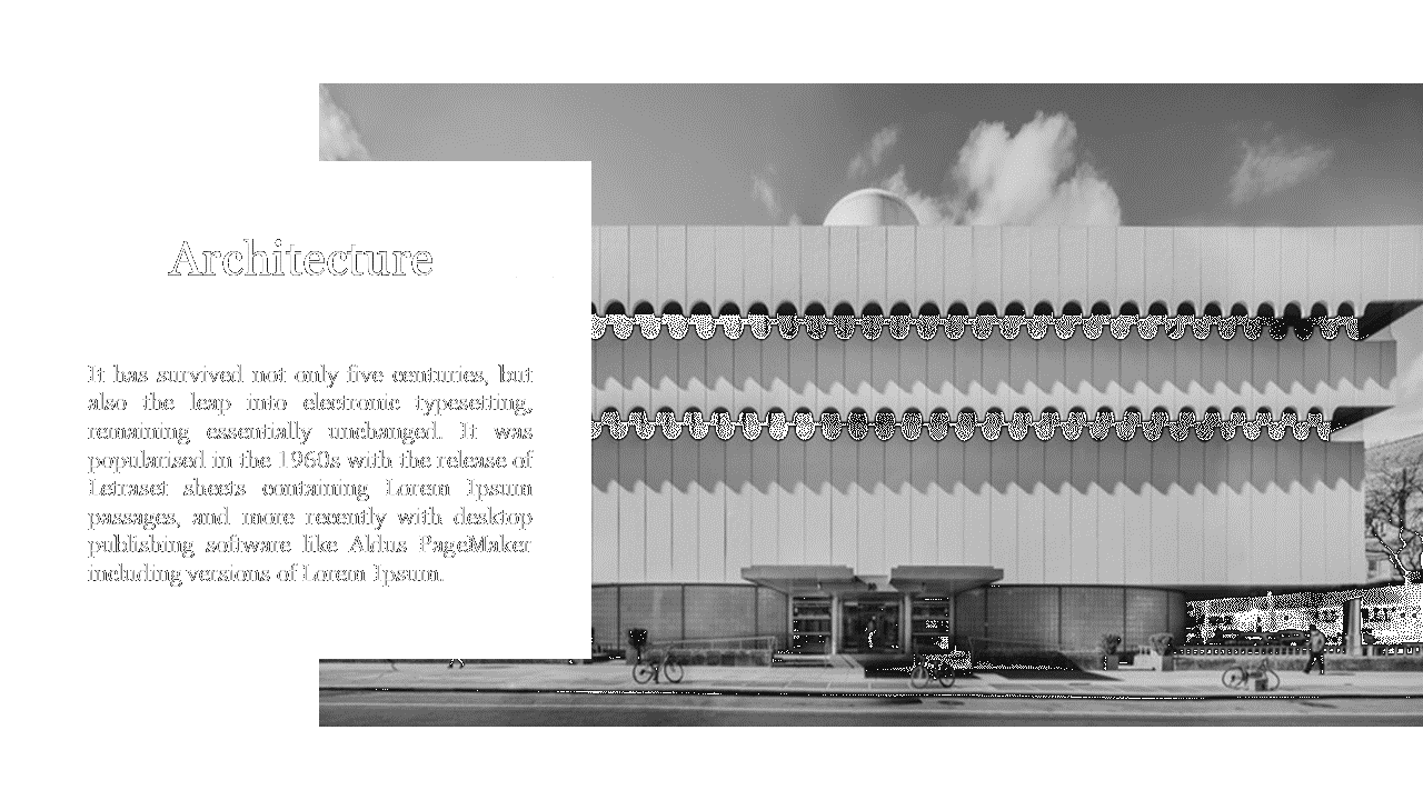 Architecture slide featuring a modern building with a geometric exterior and black and white text block.