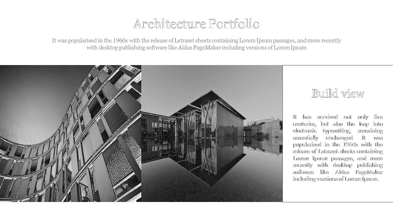 Architecture Portfolio slide featuring modern building designs in black and white with a Build View text box.