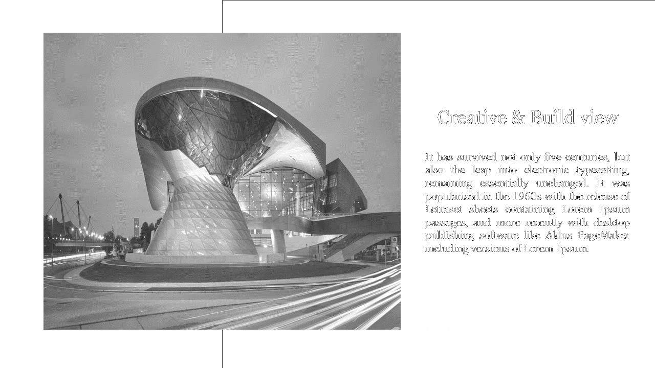 Architectural slide showing a modern building with glass and steel design labeled creative and build view.