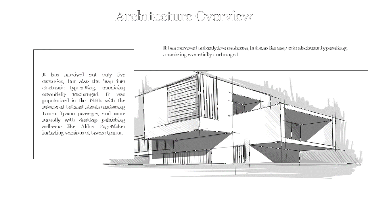 Sketch of a modern building with bold lines and shaded details, titled architecture overview on a white backdrop.