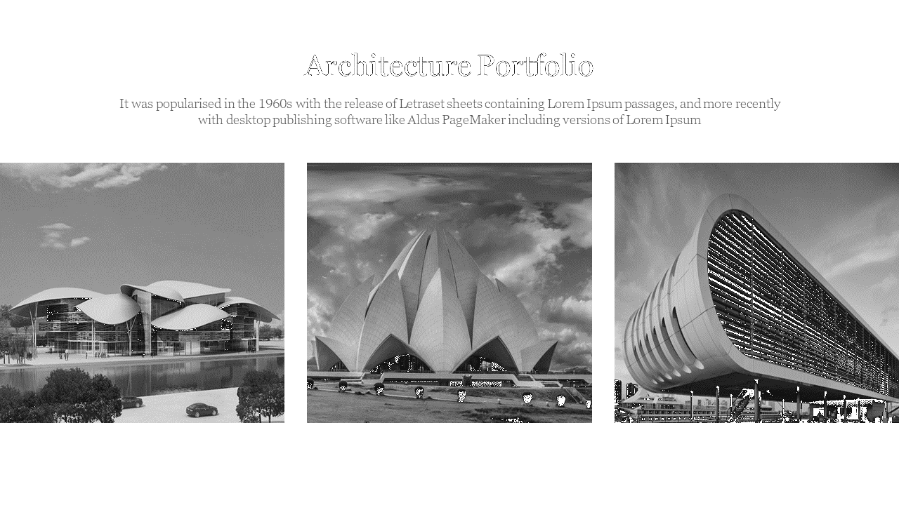 Portfolio slide with images of a futuristic building, a lotus shaped structure, and a curved modern facade.