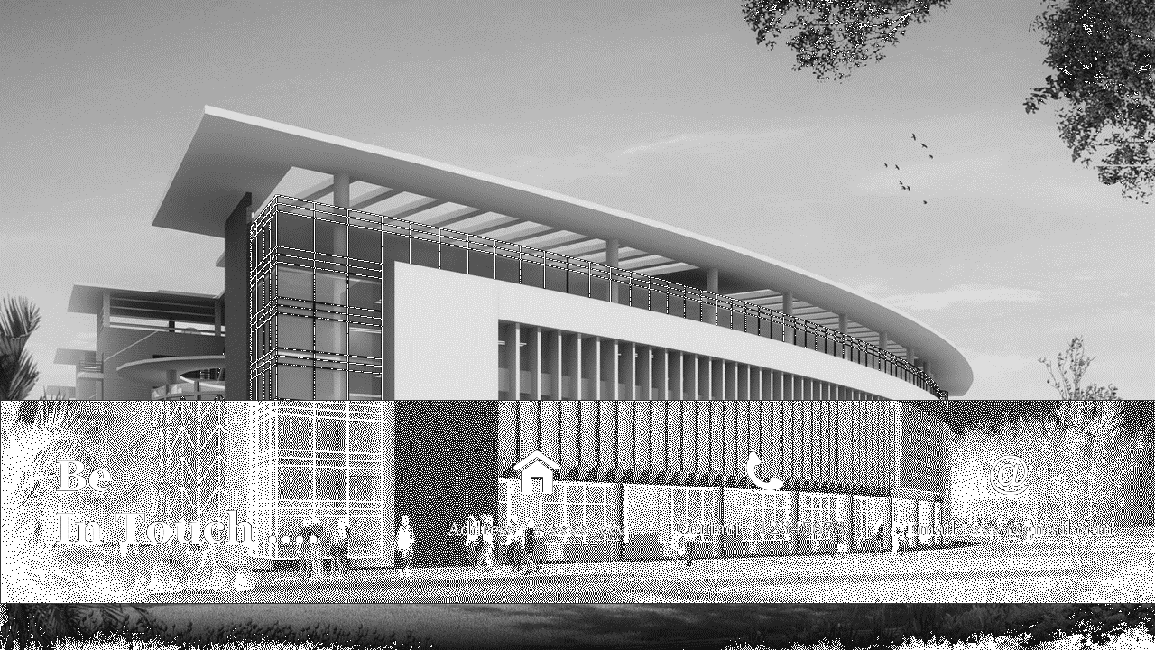 Contact slide featuring a modern curved glass building with icons for address, phone, and email on a black and white theme.