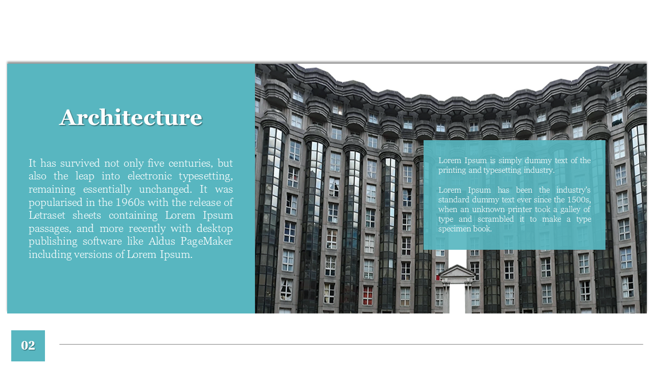Gray historic building with vertical glass panels, and teal left section for text, on a white background.