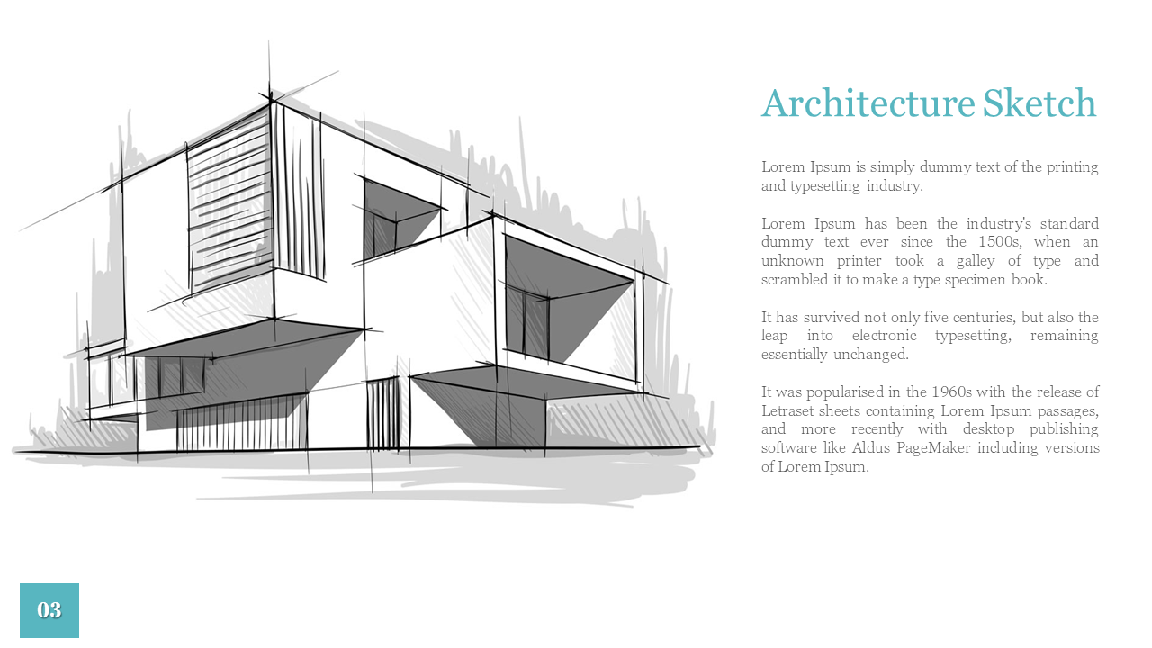 Hand drawn monochrome building sketch on left, with teal header and light gray text on white background.