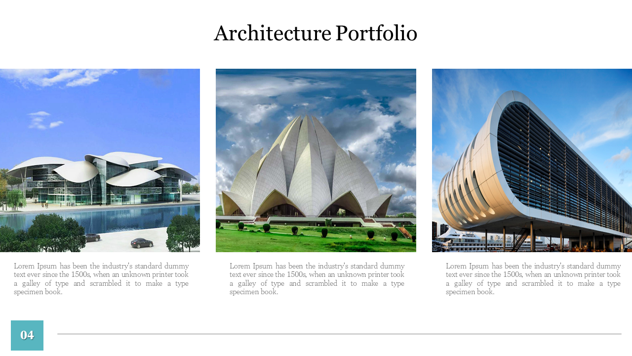 Three architectural images in a row on white background with black title text and teal slide number at the bottom.
