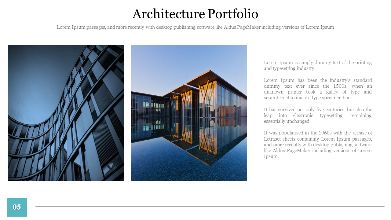 Two images of curved and glass buildings, with black title, and teal page number at bottom, on a white backdrop.