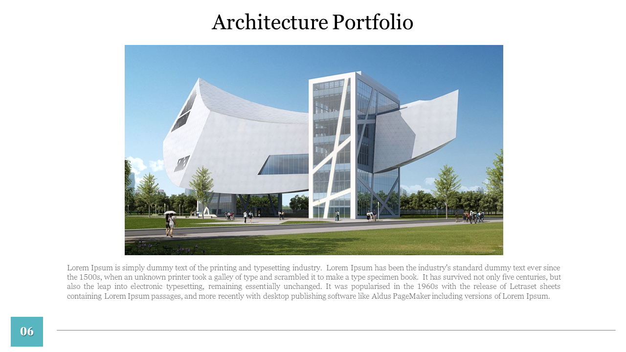Central image of futuristic white building, teal page number block, and black heading on clean white background.