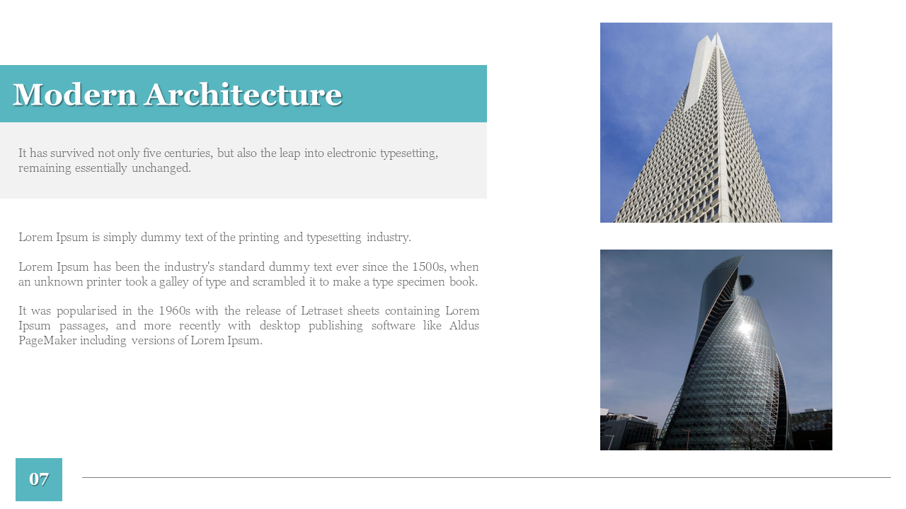 Two tall modern buildings on the right with teal title bar on the left and text blocks on a white background.