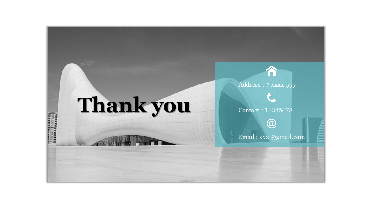 Curved architectural building in grayscale with a teal semi transparent box showing contact icons on the right.