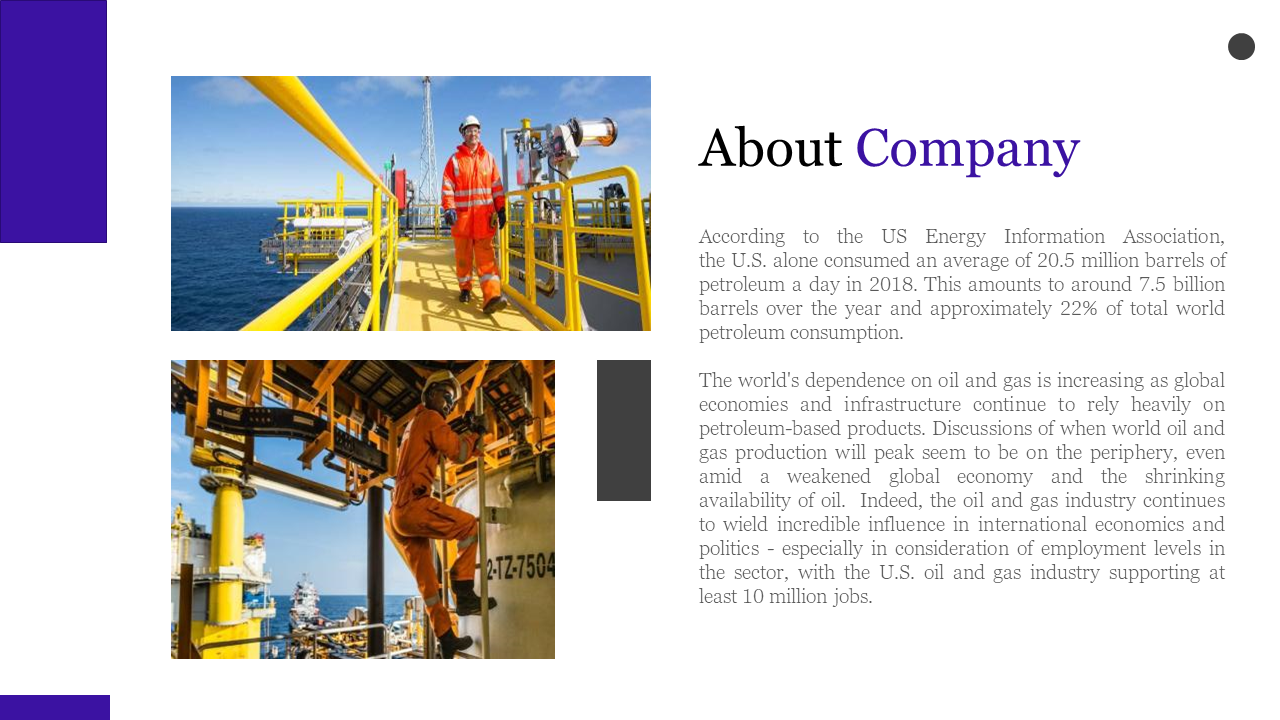 Two photo layout with workers on offshore rigs, and purple accents, with right aligned text on a white backdrop.
