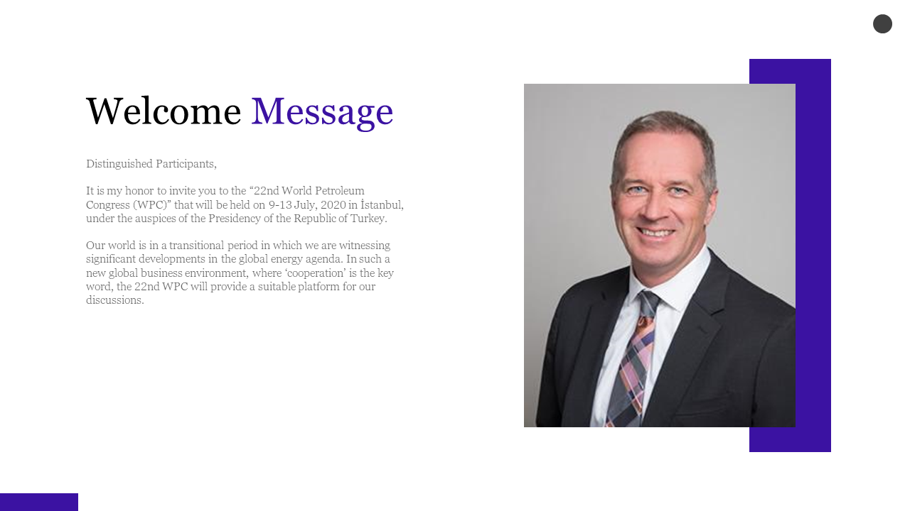 Welcome slide featuring a business portrait framed in purple with a left aligned message in gray text.