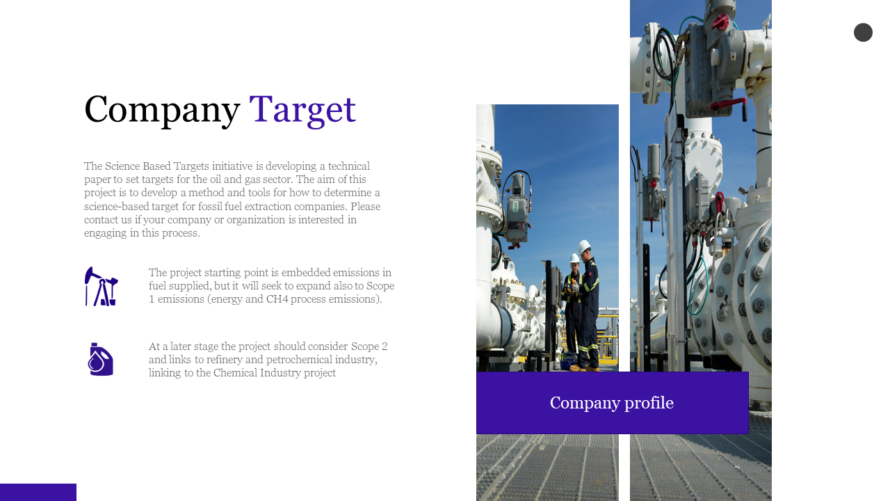 Slide featuring oil field image in two sections, with bold purple title box, and text with two icons.