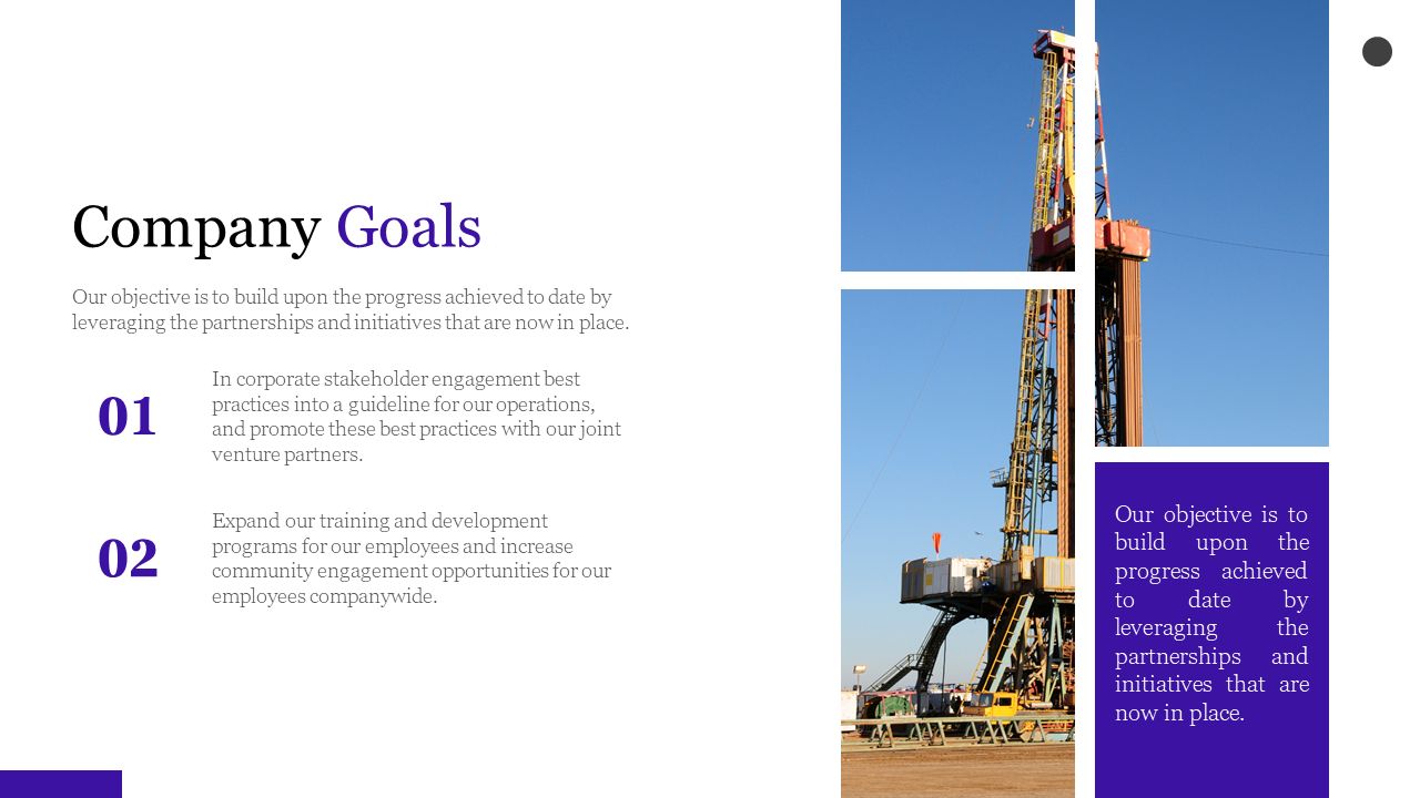 Slide features rectangular image grid of drilling rig, with a purple sidebar, and two bold goal numbers on white backdrop.