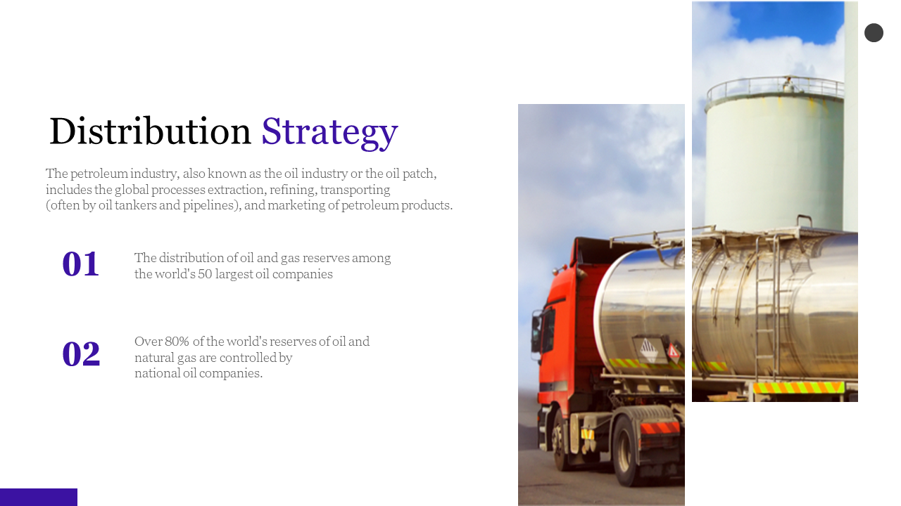 Split image layout with oil tanker truck photo, and two bold purple numbers, on a white background with text blocks.