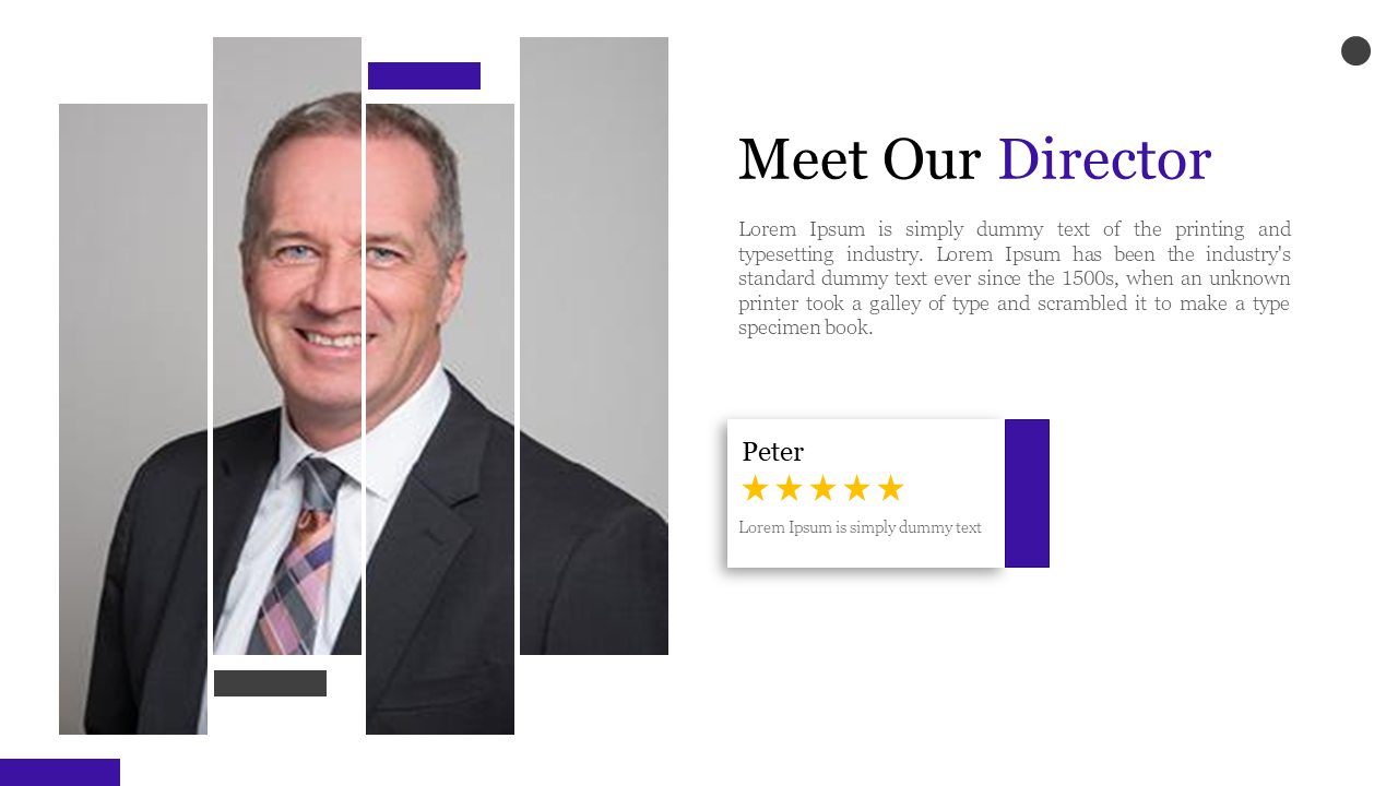 Director profile slide featuring split portrait layout with vertical panel overlays, and purple accents, on a white backdrop.