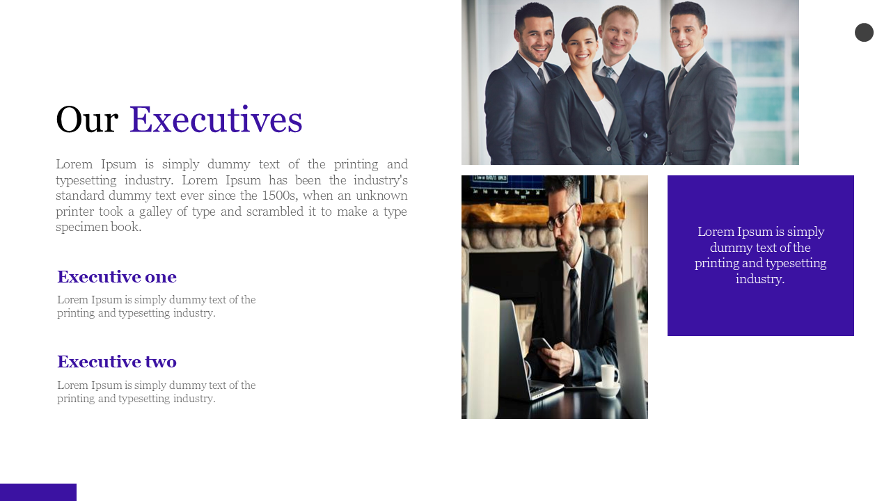 Corporate slide showing group and individual executive photos, with purple accented text box, on white background.