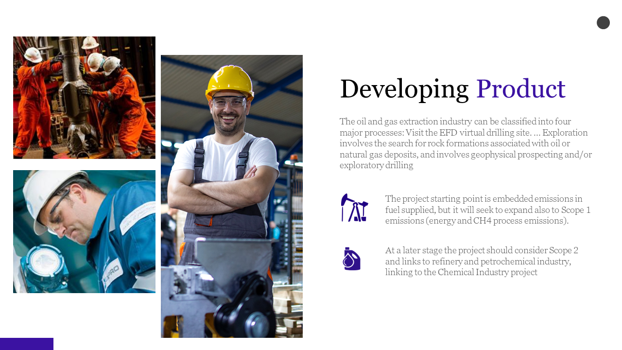 Grid layout with three industrial worker photos on the left, text on right with black and purple accents on white background.
