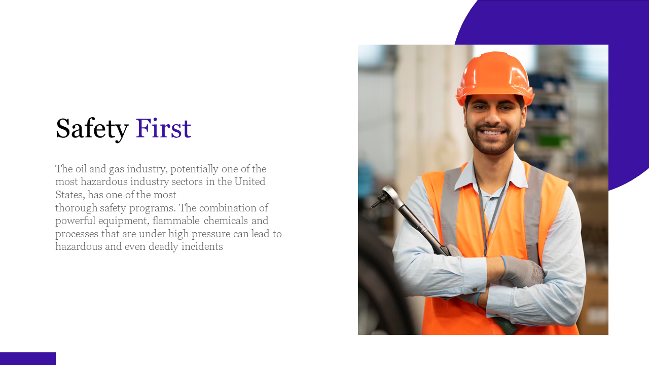 Split layout with left white text panel, and a photo of smiling worker in orange vest, with bold purple curved shapes.
