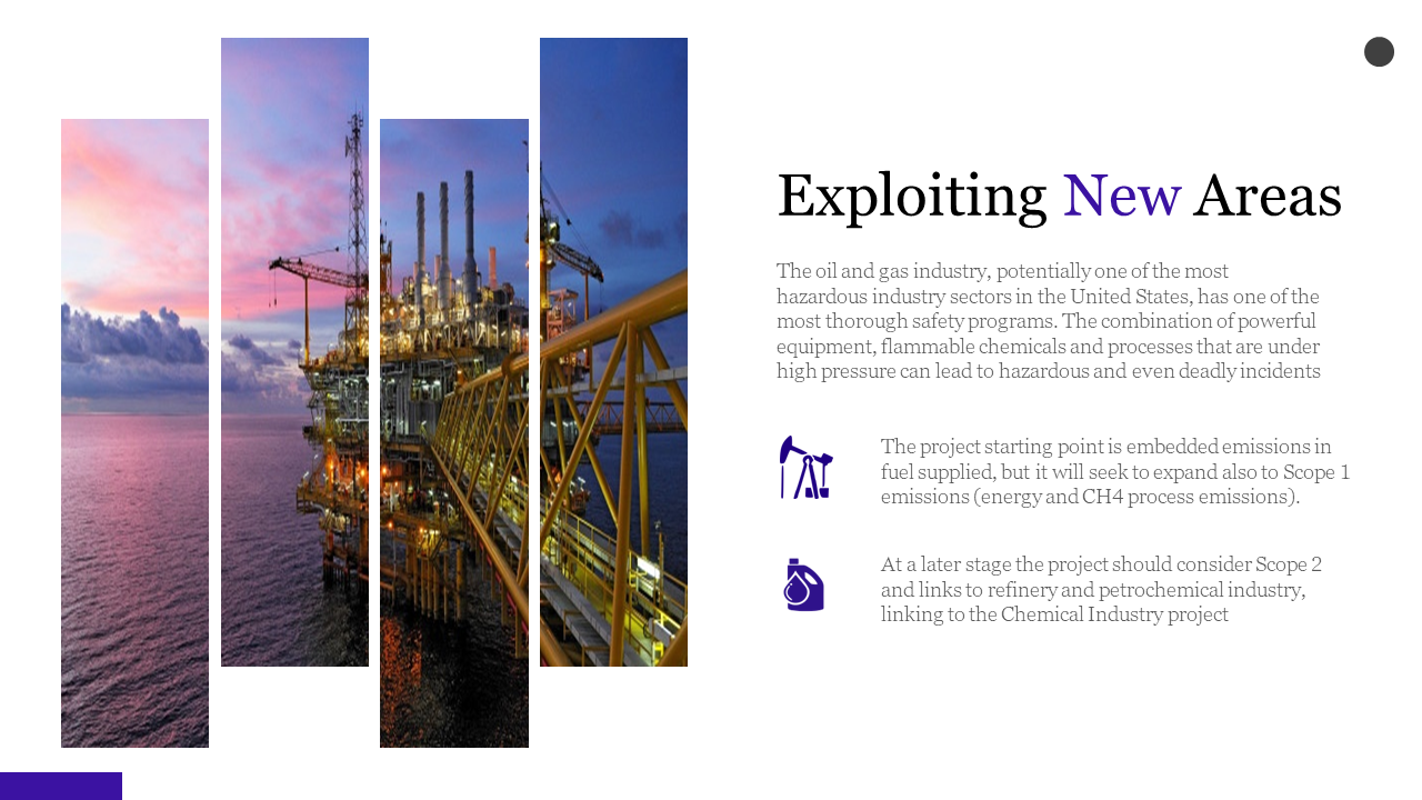 Vertical split photo bars of offshore rig at sunset, with bold black and purple title and icons on right white panel.