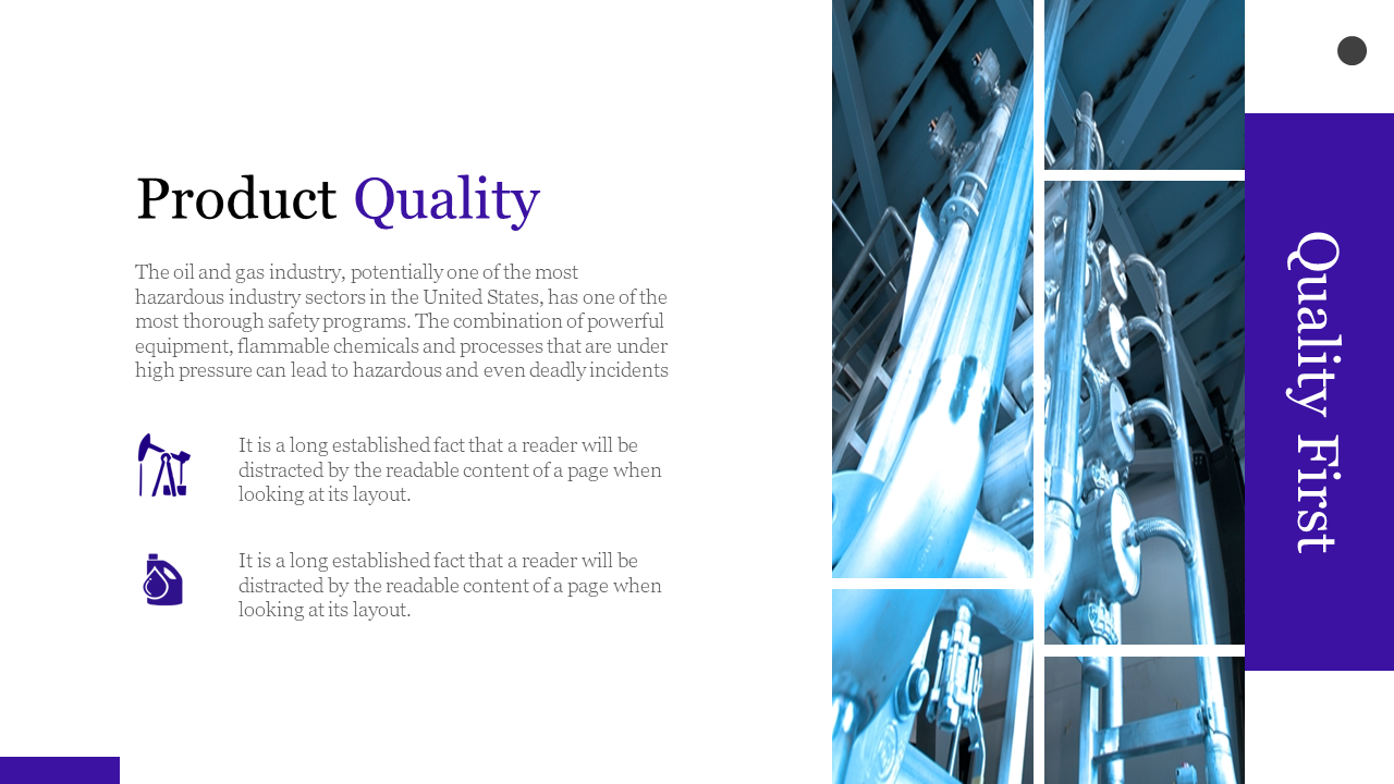 Industrial pipes image in segmented grid, and bold text with icons and a purple vertical title on the right.