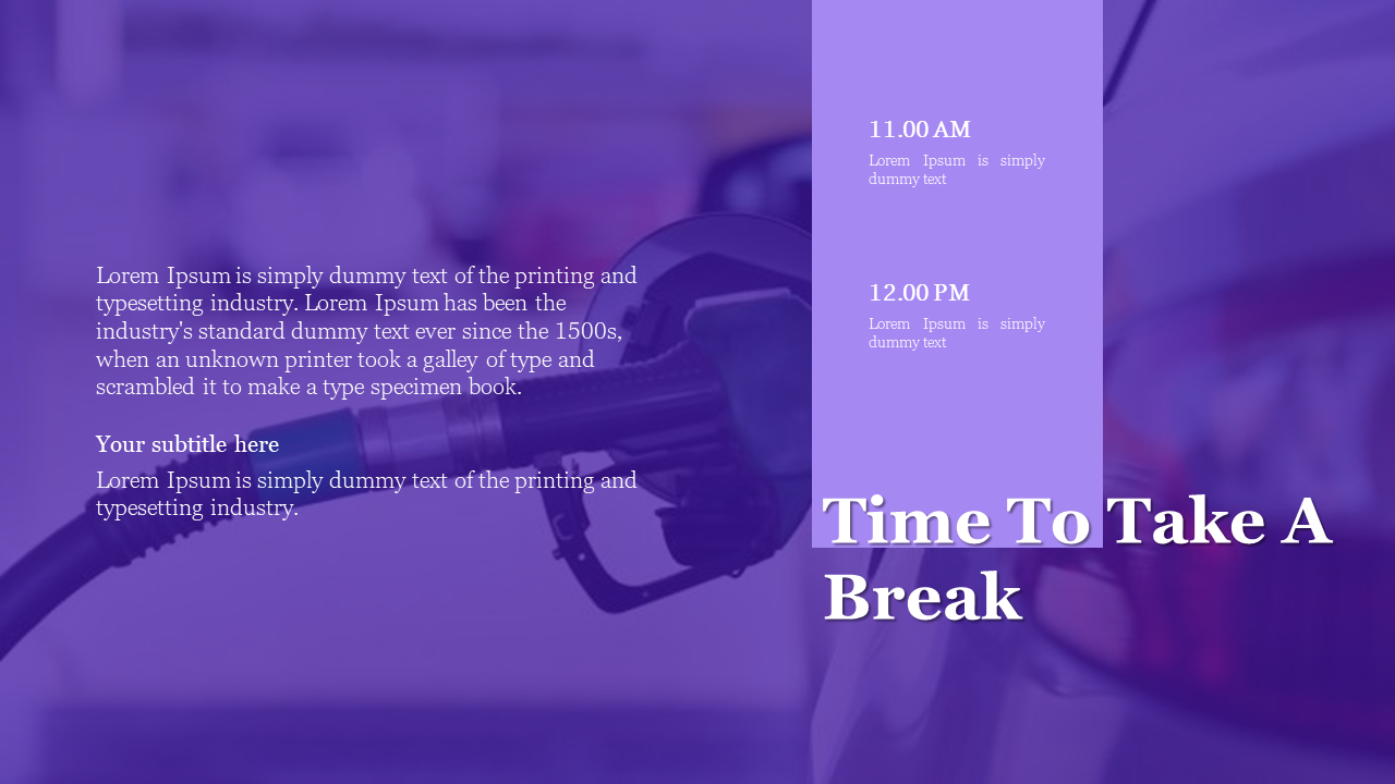 Purple overlay on fuel nozzle photo with large white text on right and light time block aligned vertically.