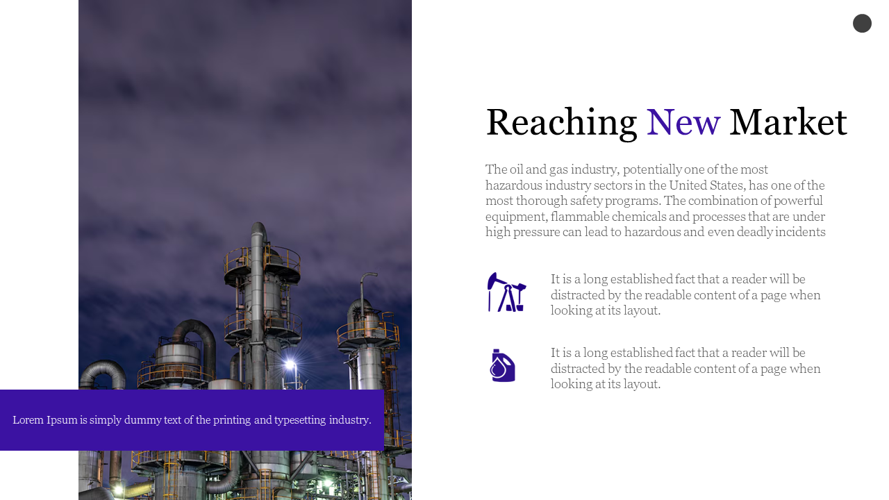 Nighttime refinery photo on left, and white background on right with black and purple title with two icons.