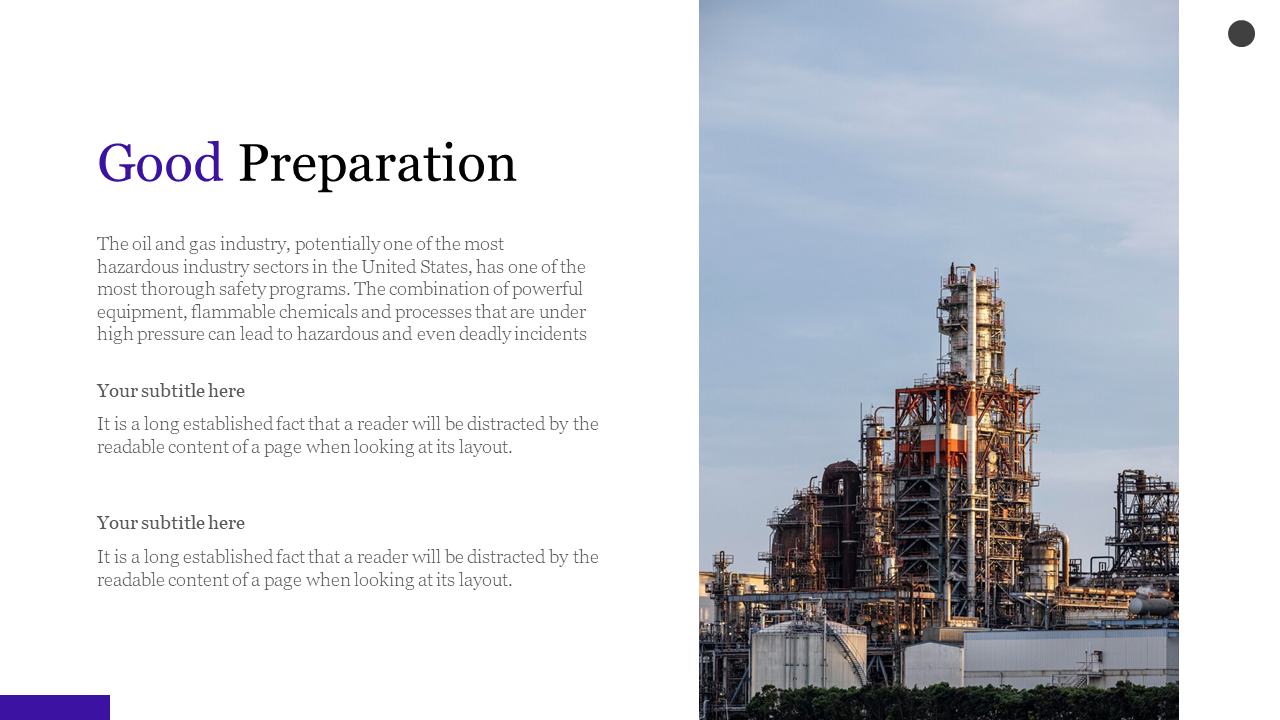 Clean layout featuring oil plant photo, purple accented heading, and two gray subtitle sections on the left.