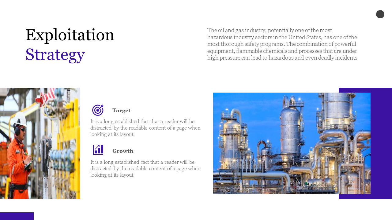Split layout with worker and refinery images, featuring purple accents, and right aligned black text, on a white backdrop.