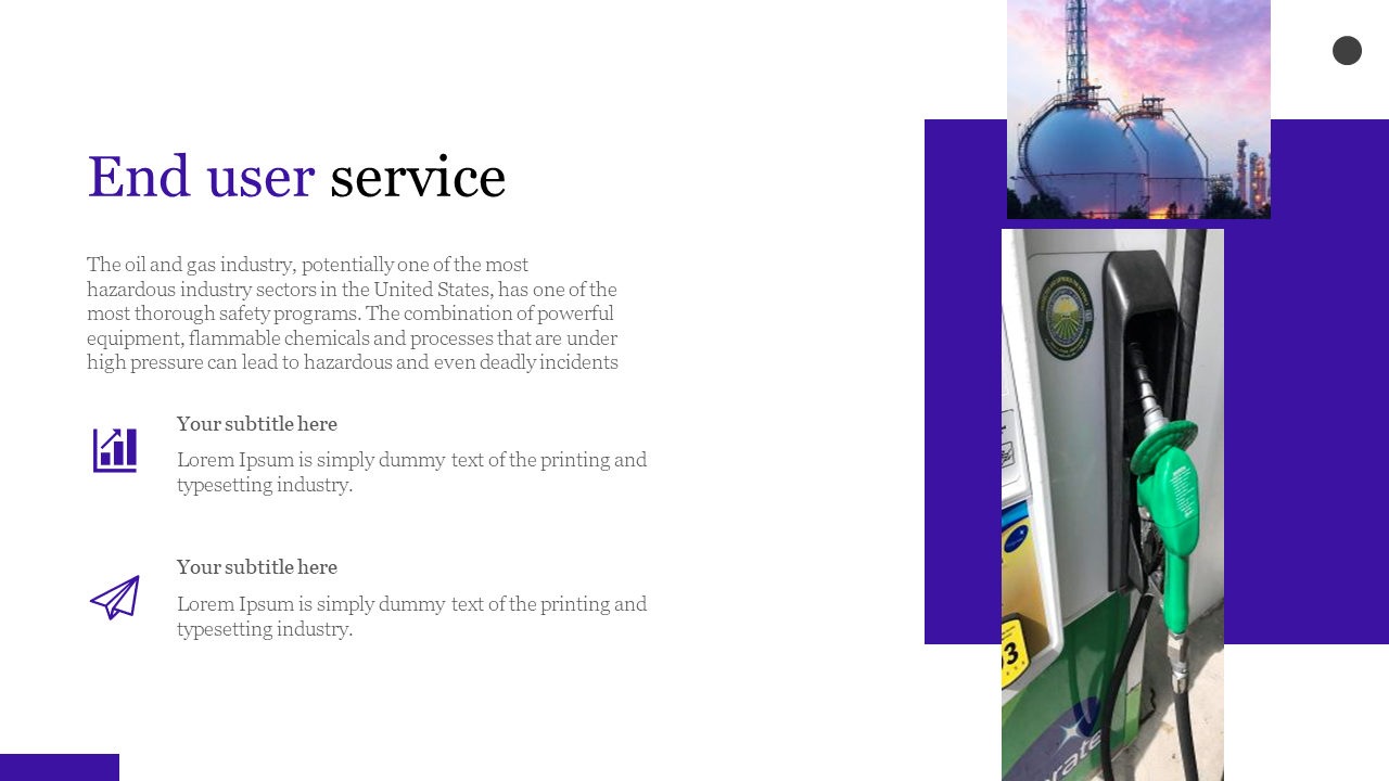 Slide with two vertical refinery and fuel pump images on right over a purple block, and text on white background.