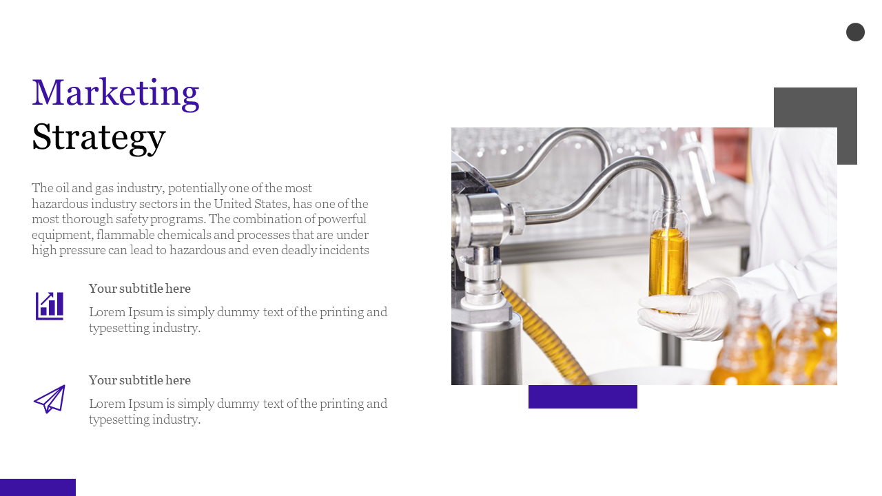 Industrial scene with filling machine on right, and left aligned text with two purple icons, on a white backdrop.