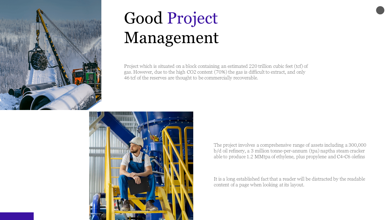 Oil and gas layout with snow machinery and worker images, with bold black and purple heading, on a white space.
