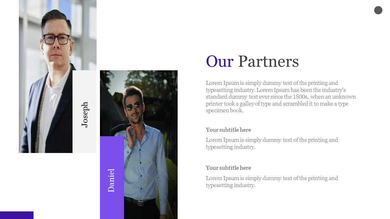 Two portrait photos on left with vertical name bars in white and purple, and right aligned text on a light background.