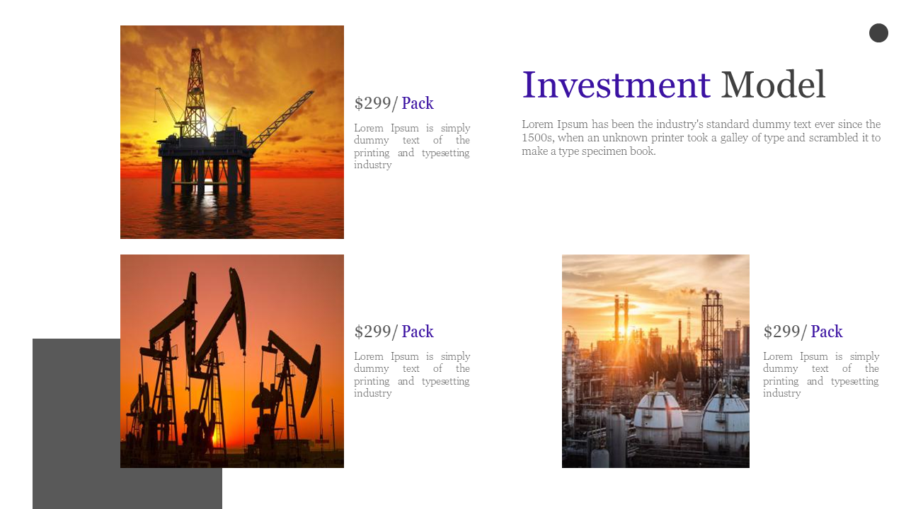 Slide showing three orange hued oil rigs and refineries, paired with pricing in black and purple text, on a white backdrop.