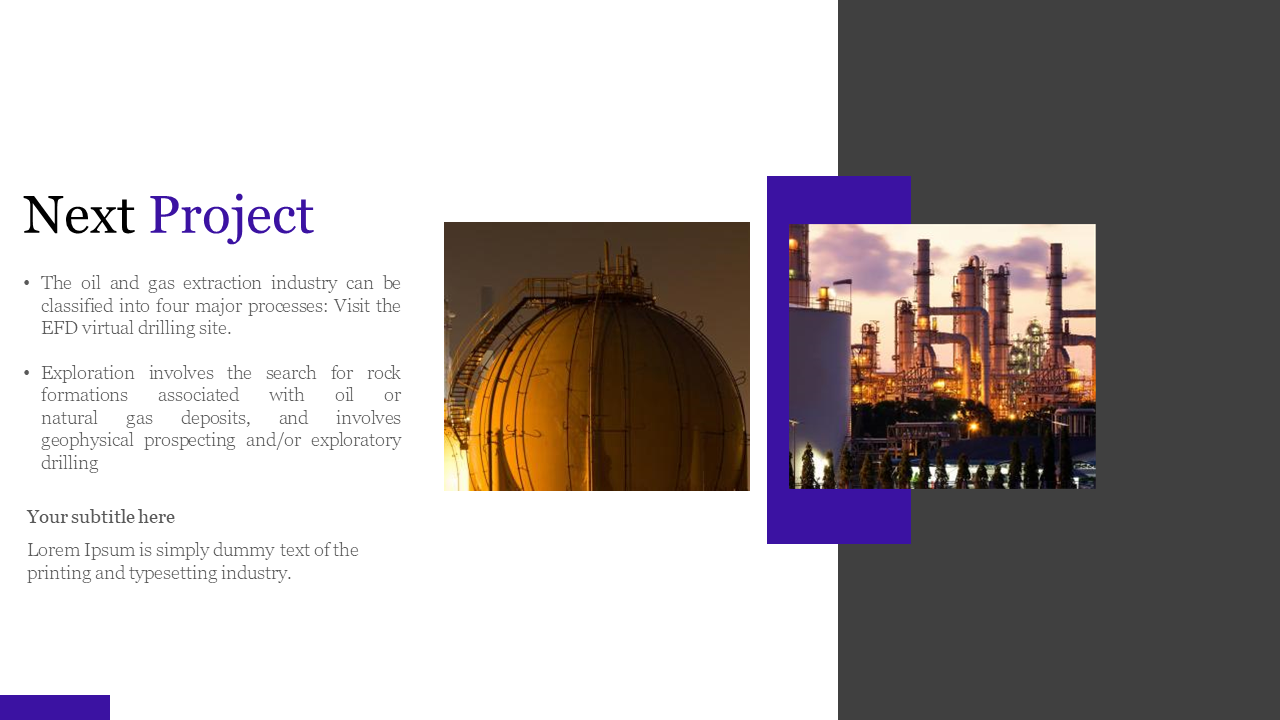 Split layout with oil industry images, on a white and dark gray background, and purple highlighted title.