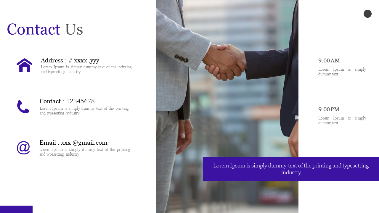 Contact slide with purple icons on left, handshake photo in center, and gray text details on a white background.