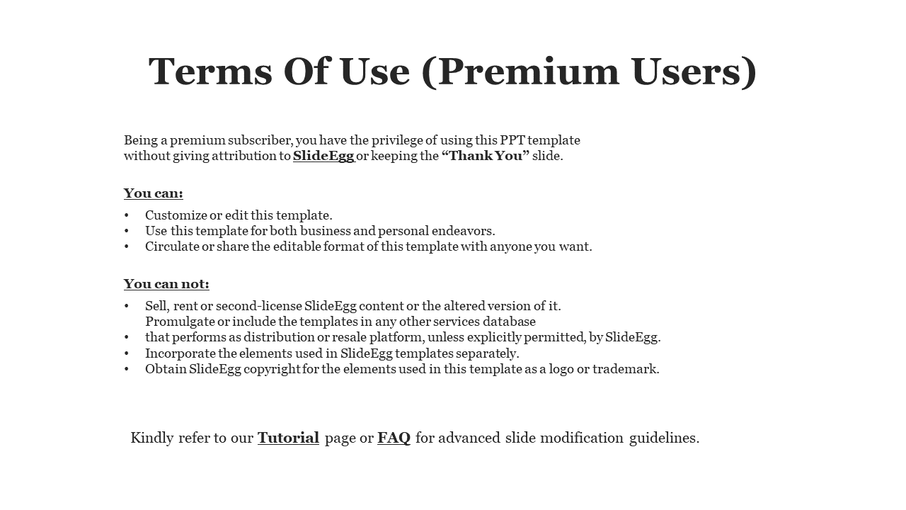 Premium users slide design with black heading, gray bullet points, and bold text highlighting key sections.