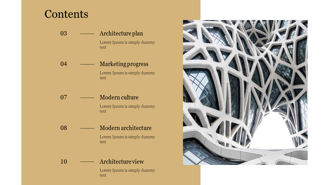 Beige table of contents slide with numbered sections and a futuristic architectural structure with a lattice like exterior.
