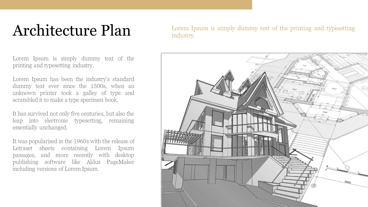 Architecture themed slide with a grayscale 3D illustration of a house combined with a detailed floor plan in the background.