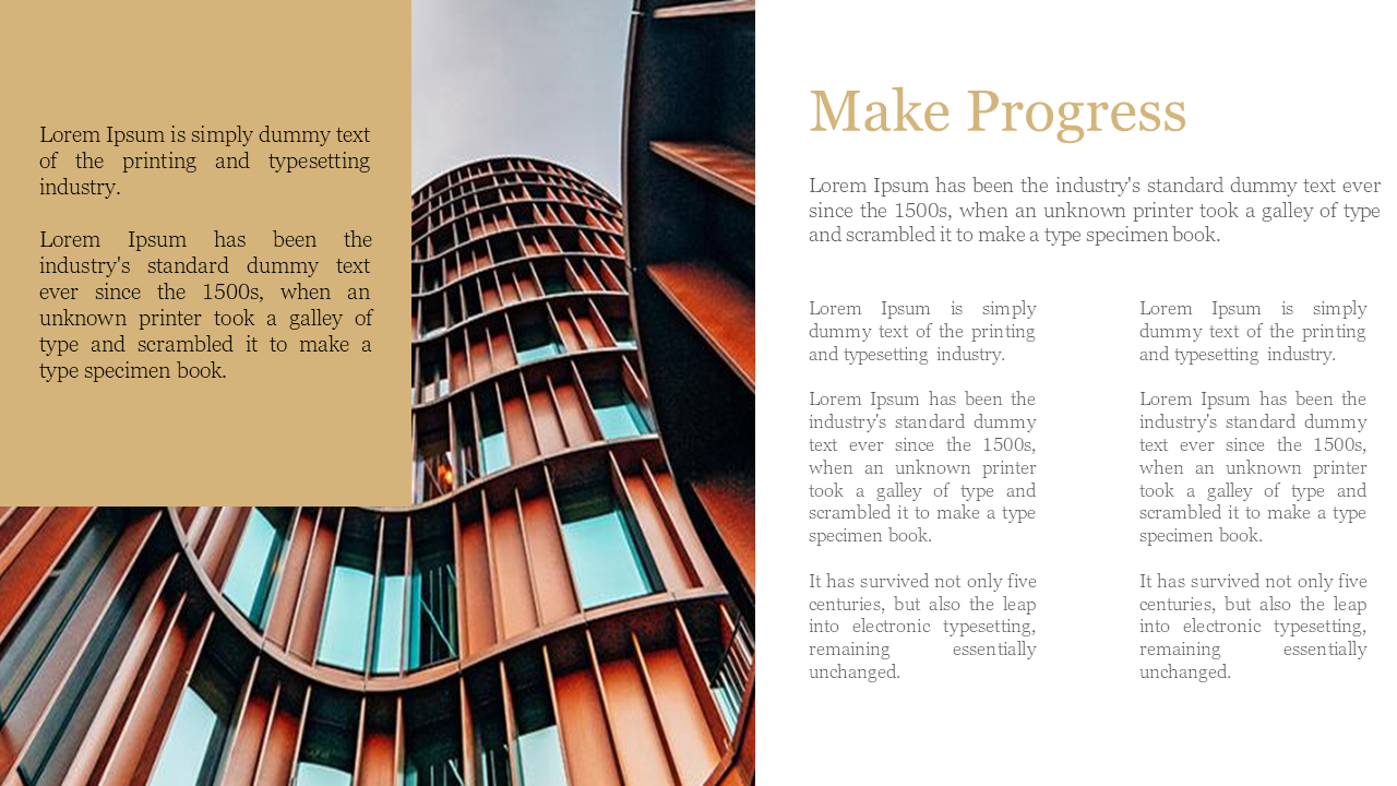 Slide featuring a close up image of a modern curved glass building with orange and brown paneling, and a beige text box.