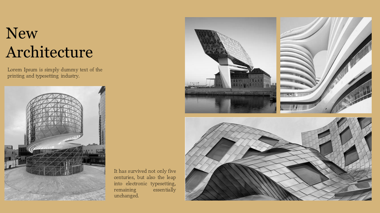 Slide with a beige background displaying four innovative architectural designs, including curved and geometric structures.