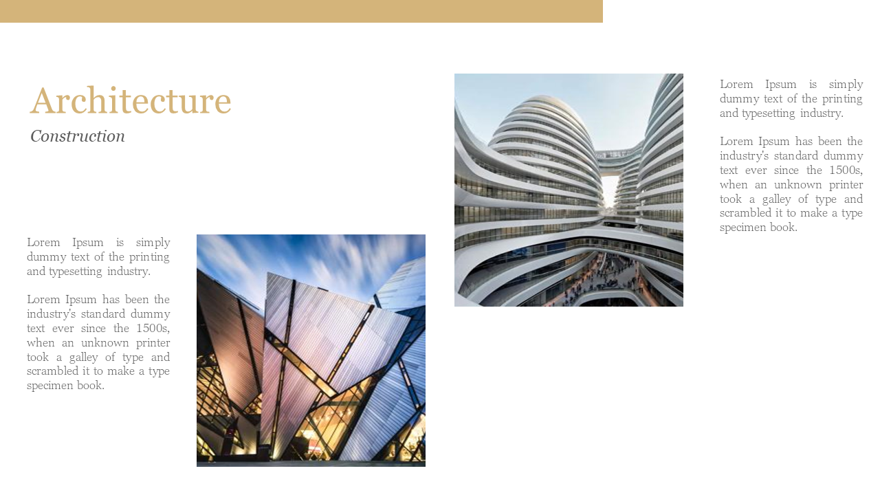 Slide displaying a curved, multi tiered building with open terraces and a glass clad structure with sharp, angular panels.