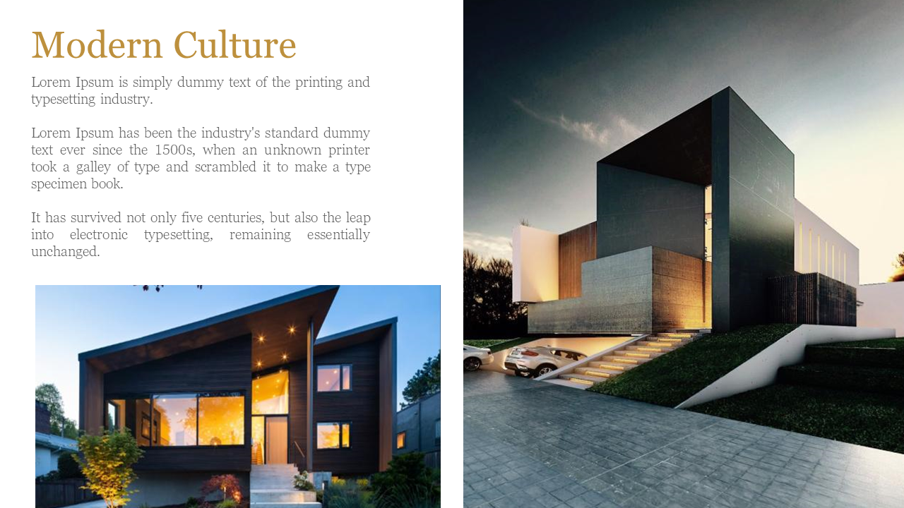 Slide showcasing two modern architectural home designs with sleek exteriors and illuminated windows.