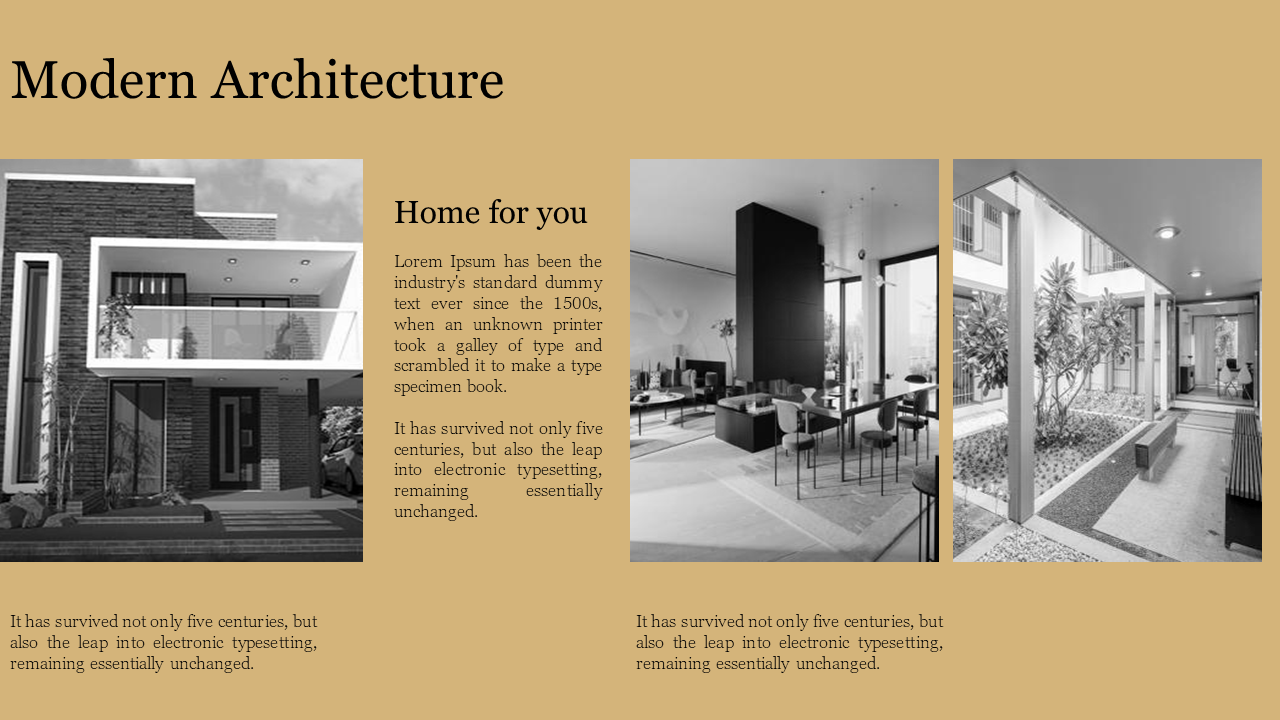 Architectural slide displaying a modern home with a balcony, a minimalist dining area, and a courtyard with plants.