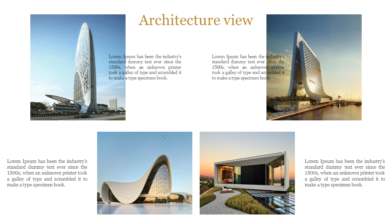 Architecture slide with four modern building images, a gold title, and black text on a white background.